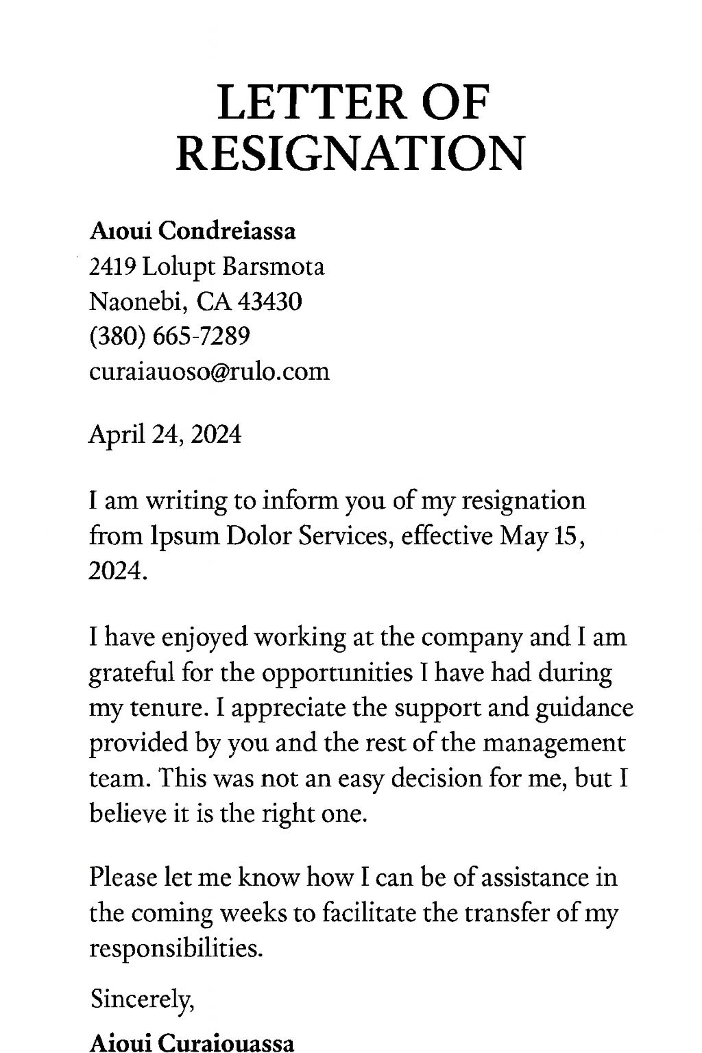 Letter of Resignation
